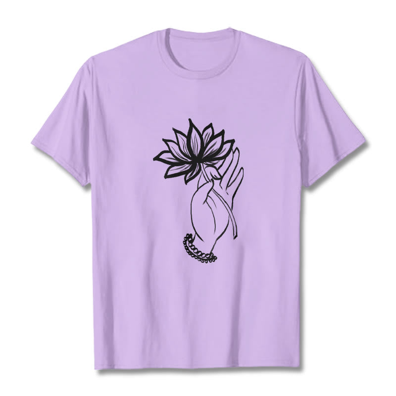 Buddha Stones Lässiges Baumwoll-T-Shirt mit Lotusblumenmuster - Pflaume - 2XL - image 17
