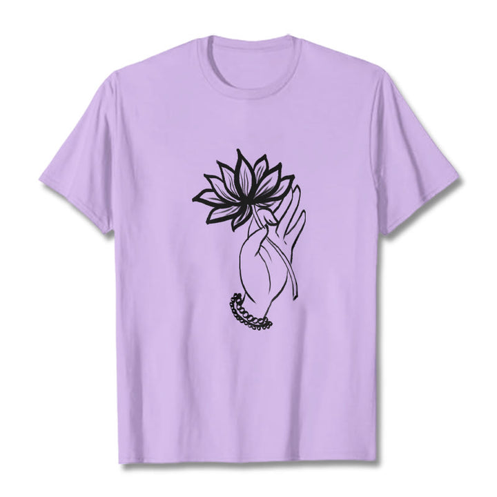 Buddha Stones Lässiges Baumwoll-T-Shirt mit Lotusblumenmuster - Pflaume - 2XL - image 17