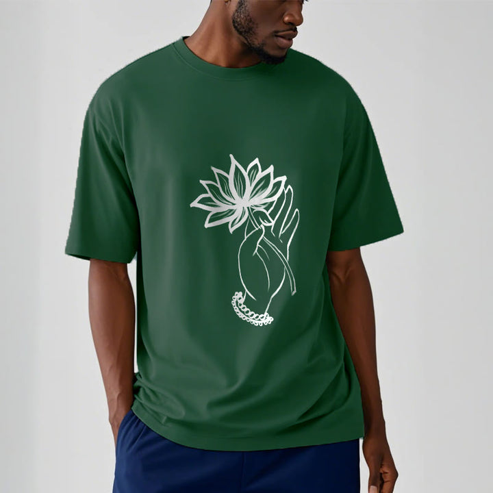 Buddha Stones Lässiges Baumwoll-T-Shirt mit Lotusblumenmuster - image 12