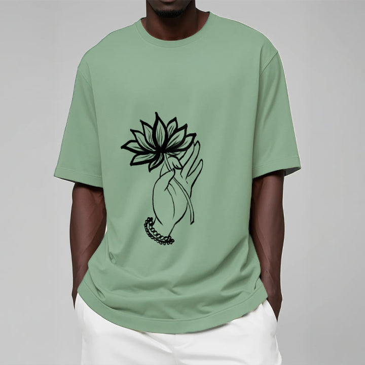 Buddha Stones Lässiges Baumwoll-T-Shirt mit Lotusblumenmuster - image 16