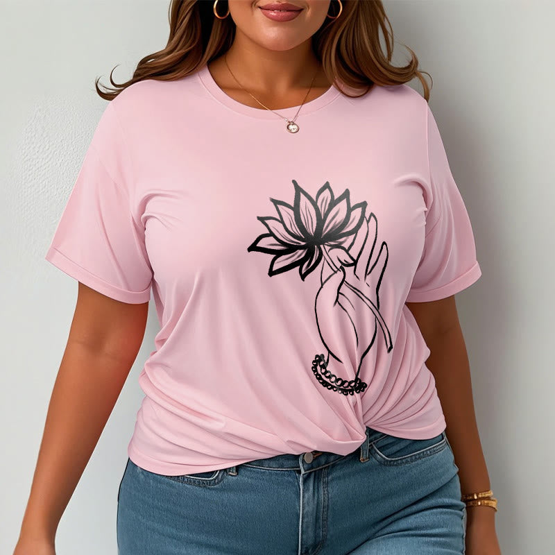 Buddha Stones Lässiges Baumwoll-T-Shirt mit Lotusblumenmuster - image 14