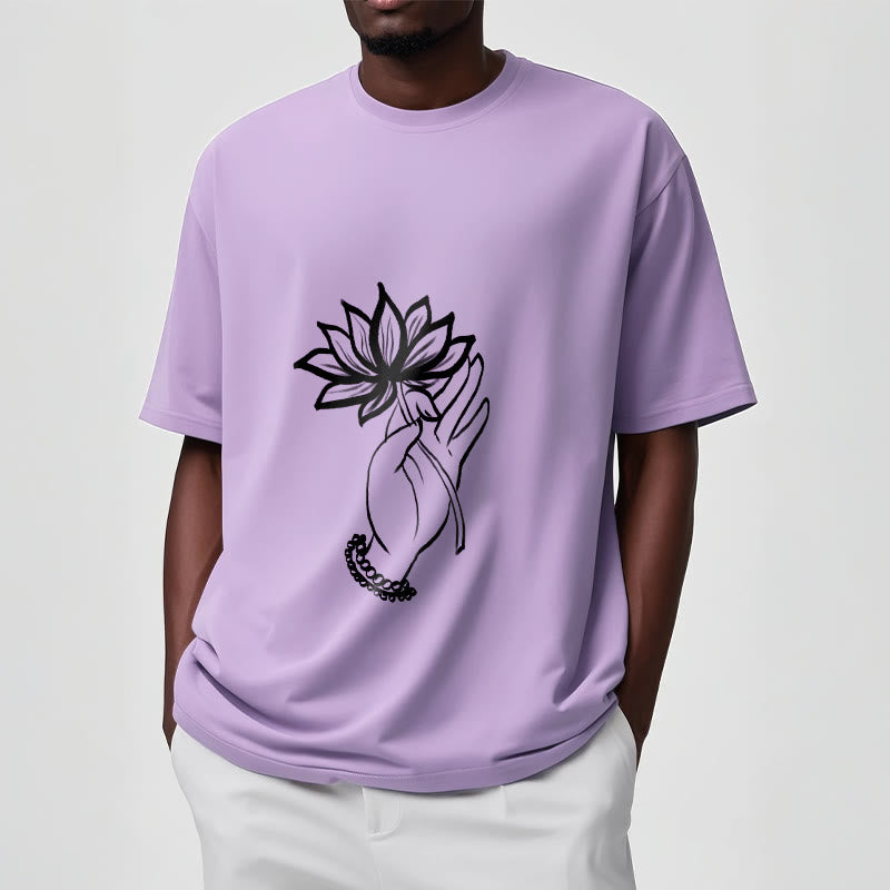 Buddha Stones Lässiges Baumwoll-T-Shirt mit Lotusblumenmuster - image 18