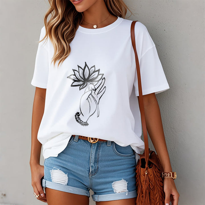Buddha Stones Lässiges Baumwoll-T-Shirt mit Lotusblumenmuster - image 8