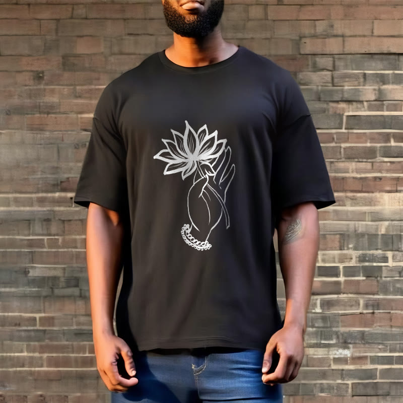 Buddha Stones Lässiges Baumwoll-T-Shirt mit Lotusblumenmuster - image 3