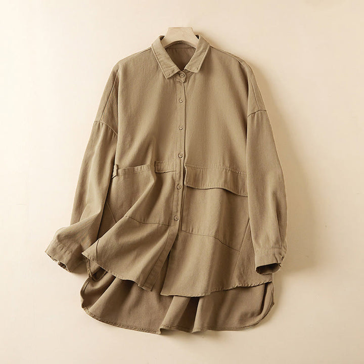 Buddha Stones Fall Unregelmäßiges Design Langärmlige Damen-Reversjacke aus Baumwolle und Leinen mit Taschen - Khaki - US14, UK/AU18, EU46 (2XL) - image 0