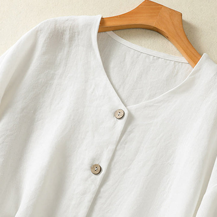 Buddha Stones Spring Plain Buttons Design V-Ausschnitt Langarm Damen Baumwoll-Leinen-Shirt - image 12