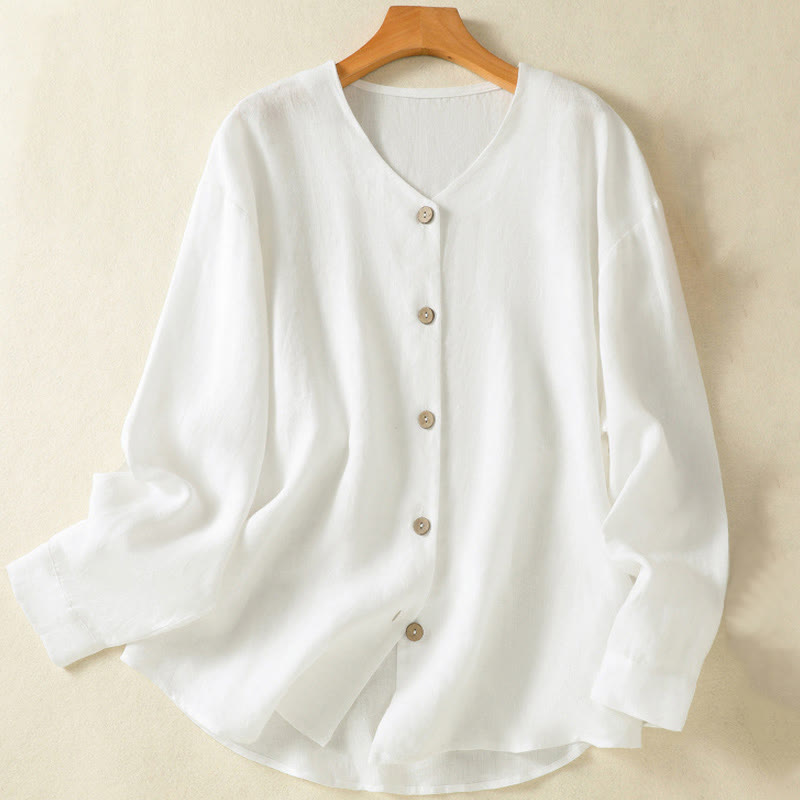 Buddha Stones Spring Plain Buttons Design V-Ausschnitt Langarm Damen Baumwoll-Leinen-Shirt - Weiß - US14， UK/AU18，EU46 (2XL) - image 10