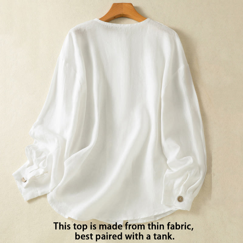 Buddha Stones Spring Plain Buttons Design V-Ausschnitt Langarm Damen Baumwoll-Leinen-Shirt - image 11