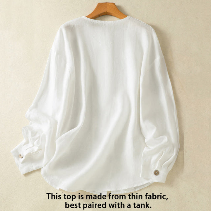 Buddha Stones Spring Plain Buttons Design V-Ausschnitt Langarm Damen Baumwoll-Leinen-Shirt - image 11