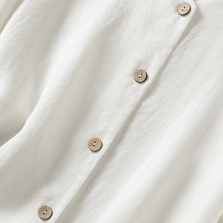 Buddha Stones Spring Plain Buttons Design V-Ausschnitt Langarm Damen Baumwoll-Leinen-Shirt - image 15