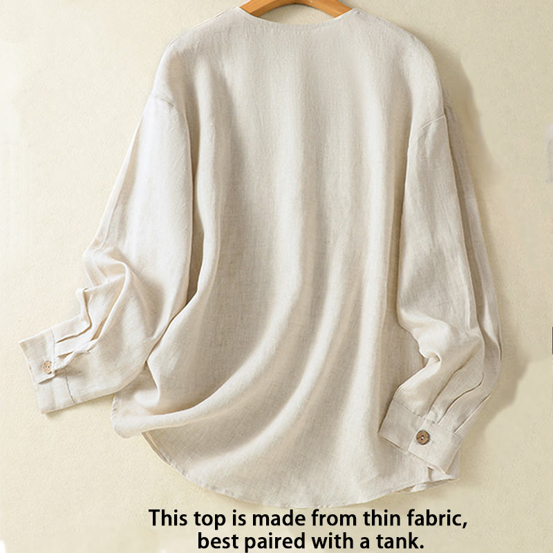 Buddha Stones Spring Plain Buttons Design V-Ausschnitt Langarm Damen Baumwoll-Leinen-Shirt - image 2