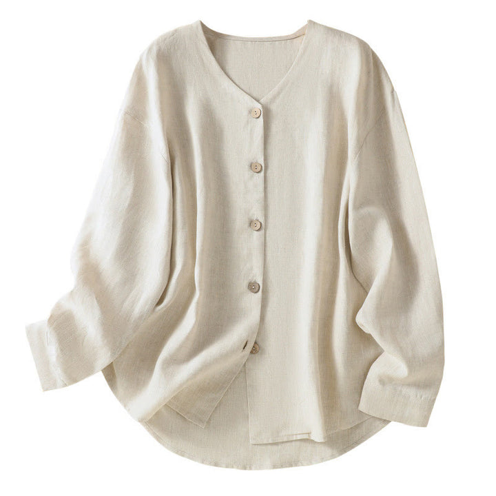 Buddha Stones Spring Plain Buttons Design V-Ausschnitt Langarm Damen Baumwoll-Leinen-Shirt - image 9