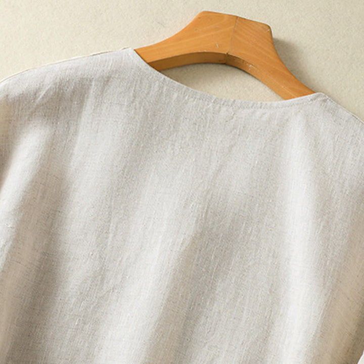 Buddha Stones Spring Plain Buttons Design V-Ausschnitt Langarm Damen Baumwoll-Leinen-Shirt - image 5