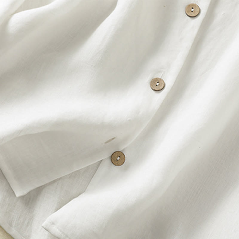 Buddha Stones Spring Plain Buttons Design V-Ausschnitt Langarm Damen Baumwoll-Leinen-Shirt - image 16