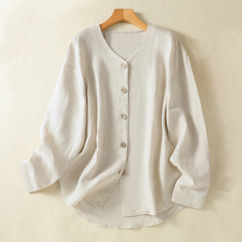 Buddha Stones Spring Plain Buttons Design V-Ausschnitt Langarm Damen Baumwoll-Leinen-Shirt - Leinen - US14， UK/AU18，EU46 (2XL) - image 1