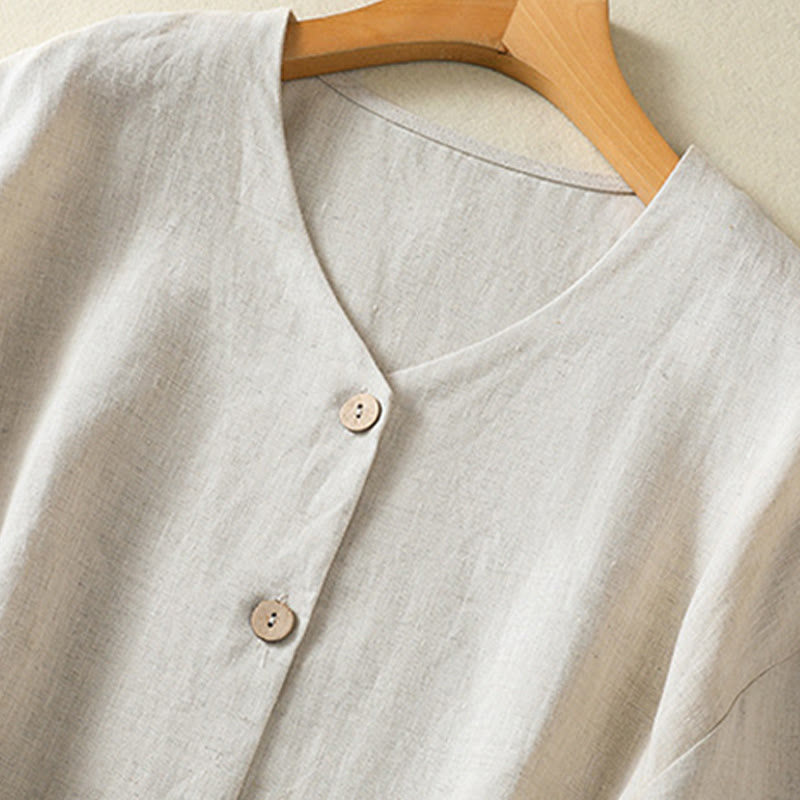 Buddha Stones Spring Plain Buttons Design V-Ausschnitt Langarm Damen Baumwoll-Leinen-Shirt - image 3