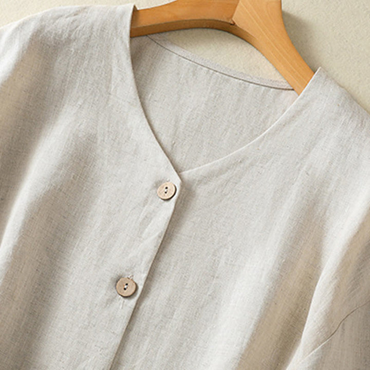 Buddha Stones Spring Plain Buttons Design V-Ausschnitt Langarm Damen Baumwoll-Leinen-Shirt - image 3