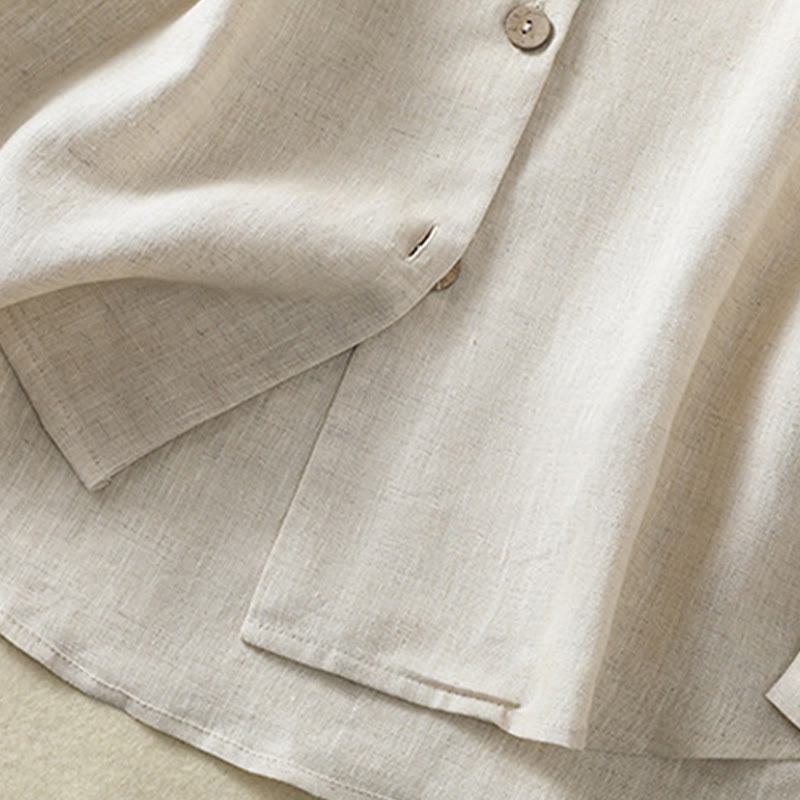 Buddha Stones Spring Plain Buttons Design V-Ausschnitt Langarm Damen Baumwoll-Leinen-Shirt - image 7