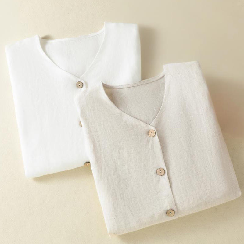 Buddha Stones Spring Plain Buttons Design V-Ausschnitt Langarm Damen Baumwoll-Leinen-Shirt - image 20