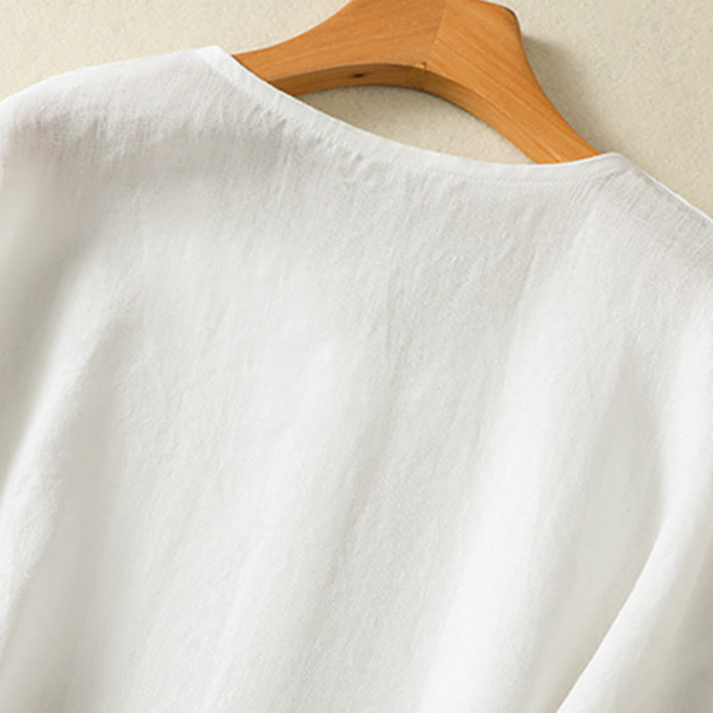 Buddha Stones Spring Plain Buttons Design V-Ausschnitt Langarm Damen Baumwoll-Leinen-Shirt - image 14