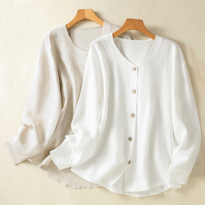 Buddha Stones Spring Plain Buttons Design V-Ausschnitt Langarm Damen Baumwoll-Leinen-Shirt - image 19