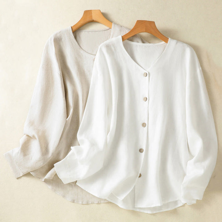Buddha Stones Spring Plain Buttons Design V-Ausschnitt Langarm Damen Baumwoll-Leinen-Shirt - image 19