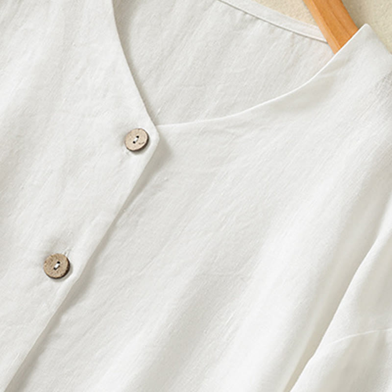 Buddha Stones Spring Plain Buttons Design V-Ausschnitt Langarm Damen Baumwoll-Leinen-Shirt - image 13