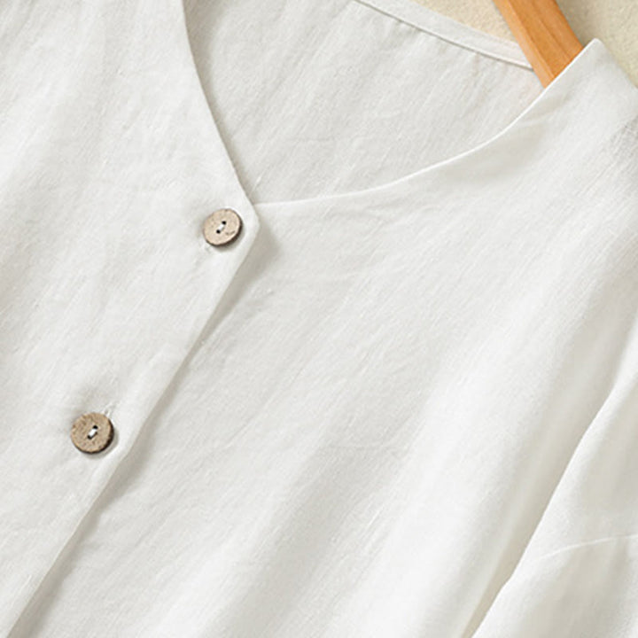 Buddha Stones Spring Plain Buttons Design V-Ausschnitt Langarm Damen Baumwoll-Leinen-Shirt - image 13