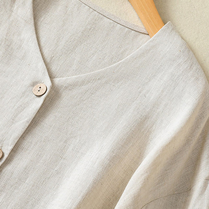 Buddha Stones Spring Plain Buttons Design V-Ausschnitt Langarm Damen Baumwoll-Leinen-Shirt - image 4