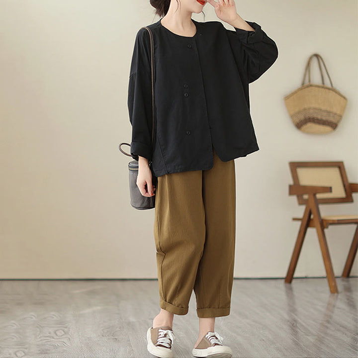 Buddha Stones Spring Plain Asymmetry Design Langarm Damen Baumwoll-Leinen-Jacke mit Taschen - image 24