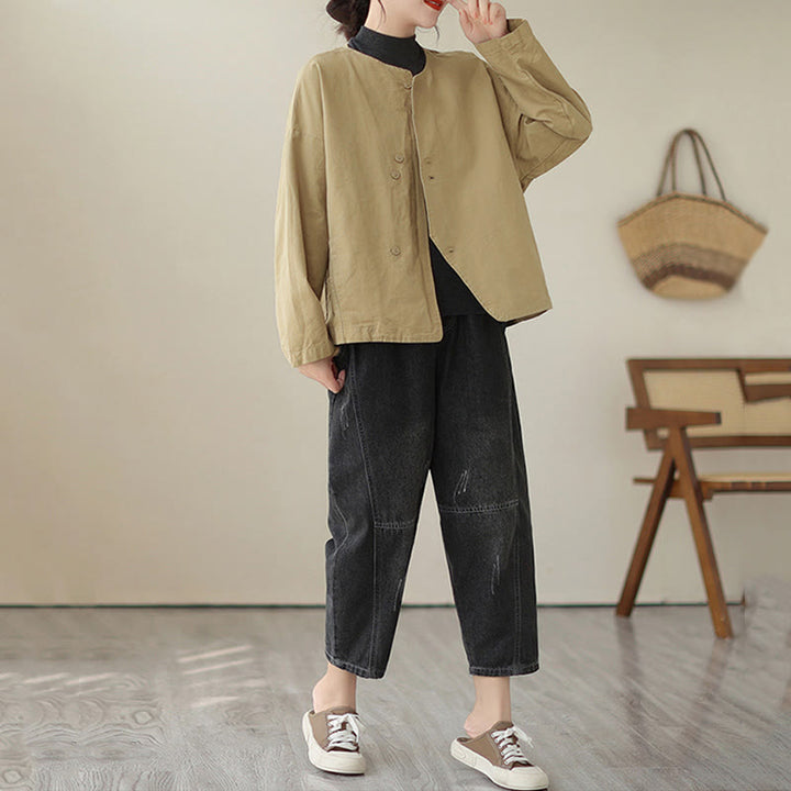 Buddha Stones Spring Plain Asymmetry Design Langarm Damen Baumwoll-Leinen-Jacke mit Taschen - image 5