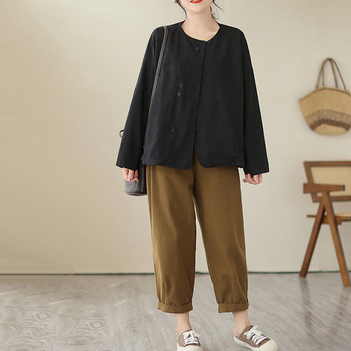 Buddha Stones Spring Plain Asymmetry Design Langarm Damen Baumwoll-Leinen-Jacke mit Taschen - image 23