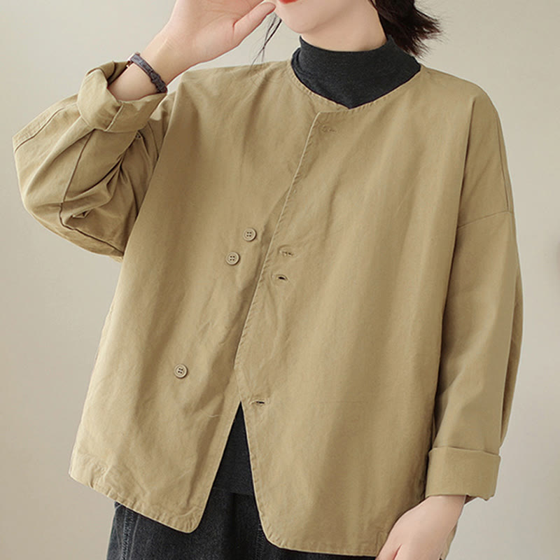 Buddha Stones Spring Plain Asymmetry Design Langarm Damen Baumwoll-Leinen-Jacke mit Taschen - Blasse Goldrute - US12， UK/AU16，EU44 (2XL) - image 1