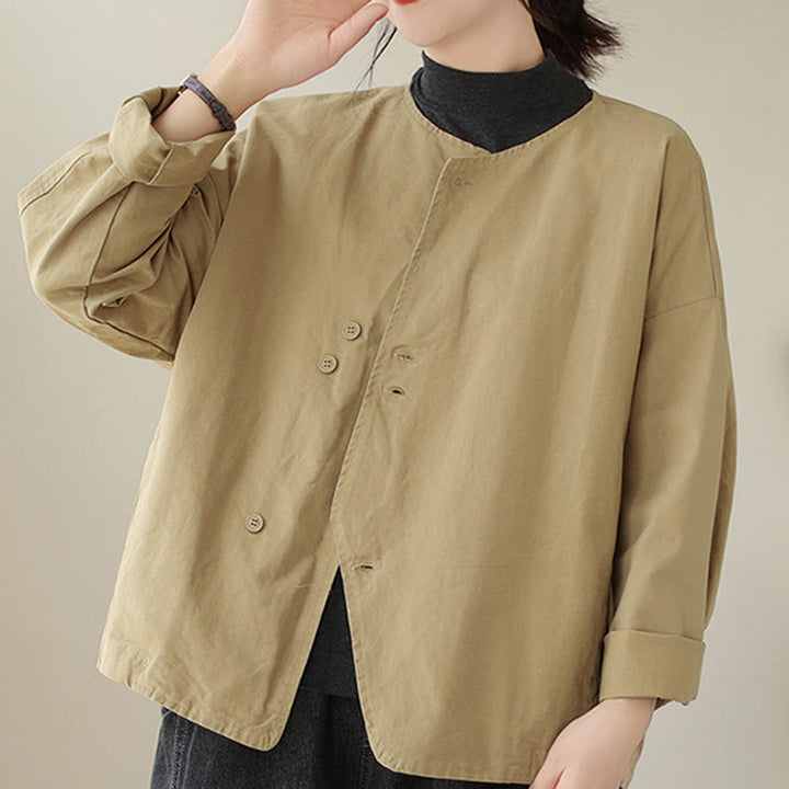 Buddha Stones Spring Plain Asymmetry Design Langarm Damen Baumwoll-Leinen-Jacke mit Taschen - Blasse Goldrute - US12， UK/AU16，EU44 (2XL) - image 1