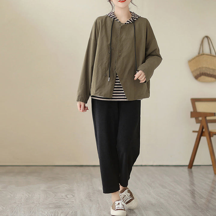 Buddha Stones Spring Plain Asymmetry Design Langarm Damen Baumwoll-Leinen-Jacke mit Taschen - image 17
