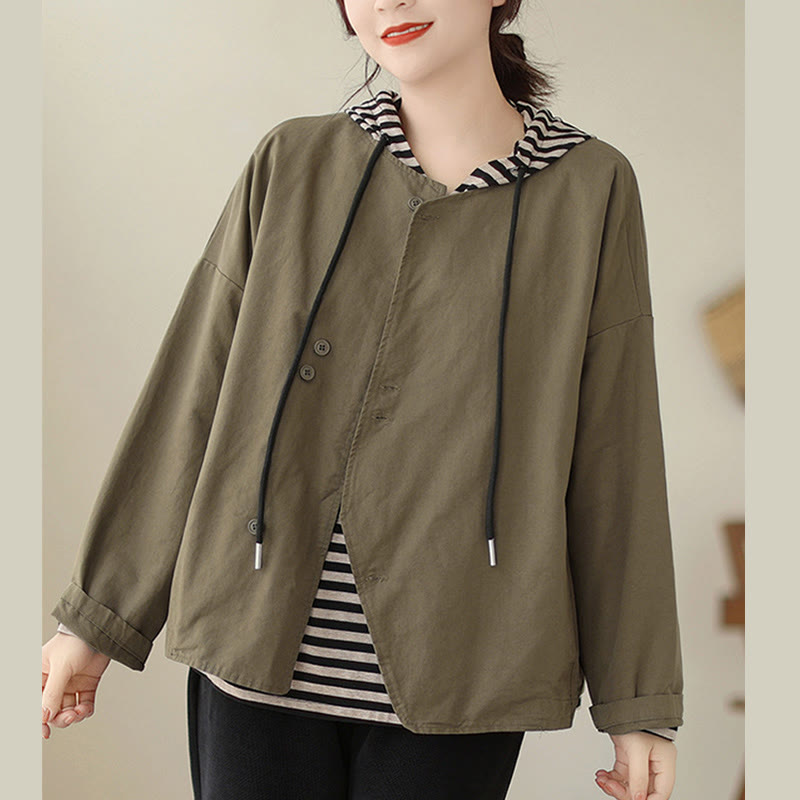 Buddha Stones Spring Plain Asymmetry Design Langarm Damen Baumwoll-Leinen-Jacke mit Taschen - Olive - US12， UK/AU16，EU44 (2XL) - image 12