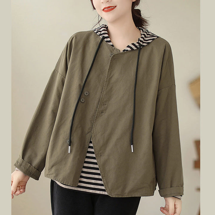 Buddha Stones Spring Plain Asymmetry Design Langarm Damen Baumwoll-Leinen-Jacke mit Taschen - Olive - US12， UK/AU16，EU44 (2XL) - image 12