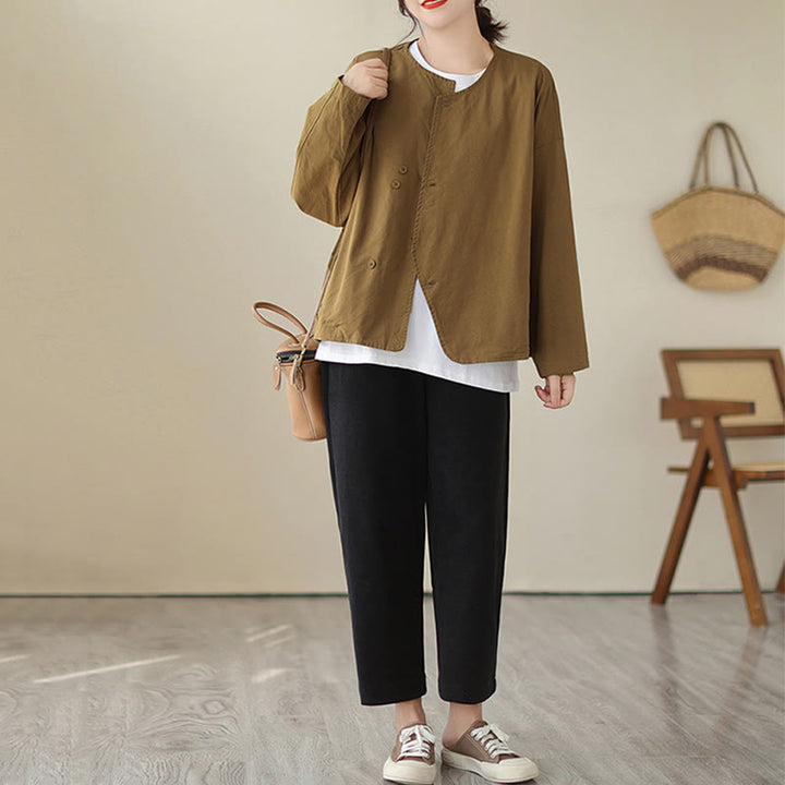 Buddha Stones Spring Plain Asymmetry Design Langarm Damen Baumwoll-Leinen-Jacke mit Taschen - image 9