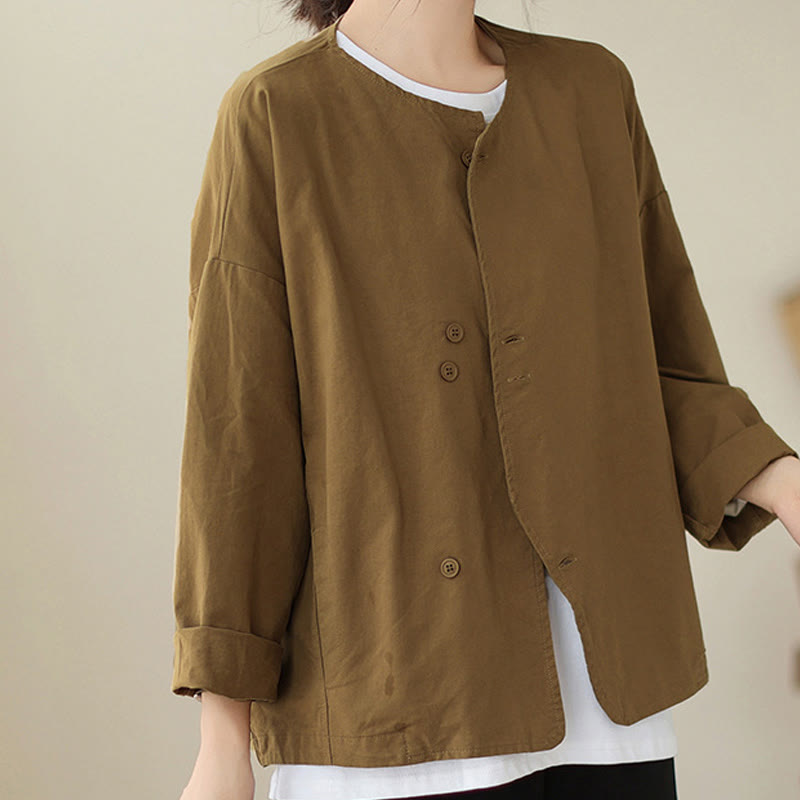 Buddha Stones Spring Plain Asymmetry Design Langarm Damen Baumwoll-Leinen-Jacke mit Taschen - Dunkle Goldrute - US12， UK/AU16，EU44 (2XL) - image 6