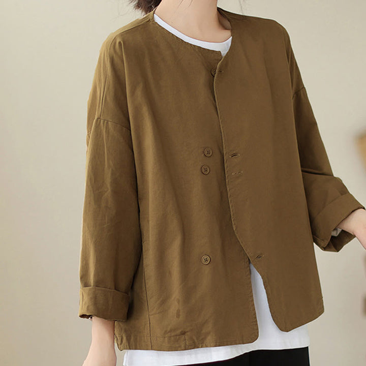 Buddha Stones Spring Plain Asymmetry Design Langarm Damen Baumwoll-Leinen-Jacke mit Taschen - Dunkle Goldrute - US12， UK/AU16，EU44 (2XL) - image 6