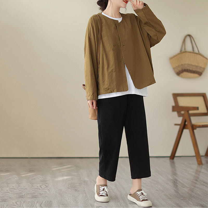 Buddha Stones Spring Plain Asymmetry Design Langarm Damen Baumwoll-Leinen-Jacke mit Taschen - image 10