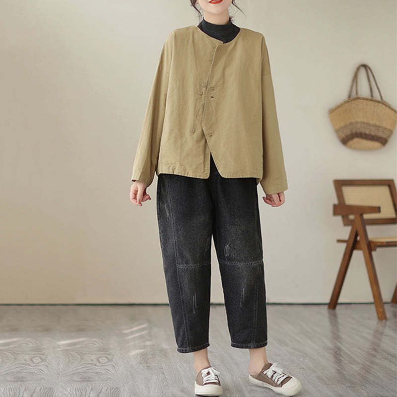 Buddha Stones Spring Plain Asymmetry Design Langarm Damen Baumwoll-Leinen-Jacke mit Taschen - image 4