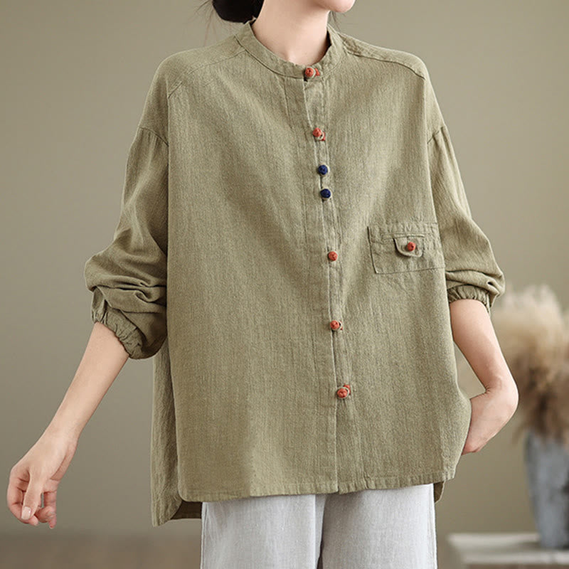 Buddha Stones Bunte Knöpfe Design Langärmliges Damen-Baumwoll-Leinen-Shirt - image 17