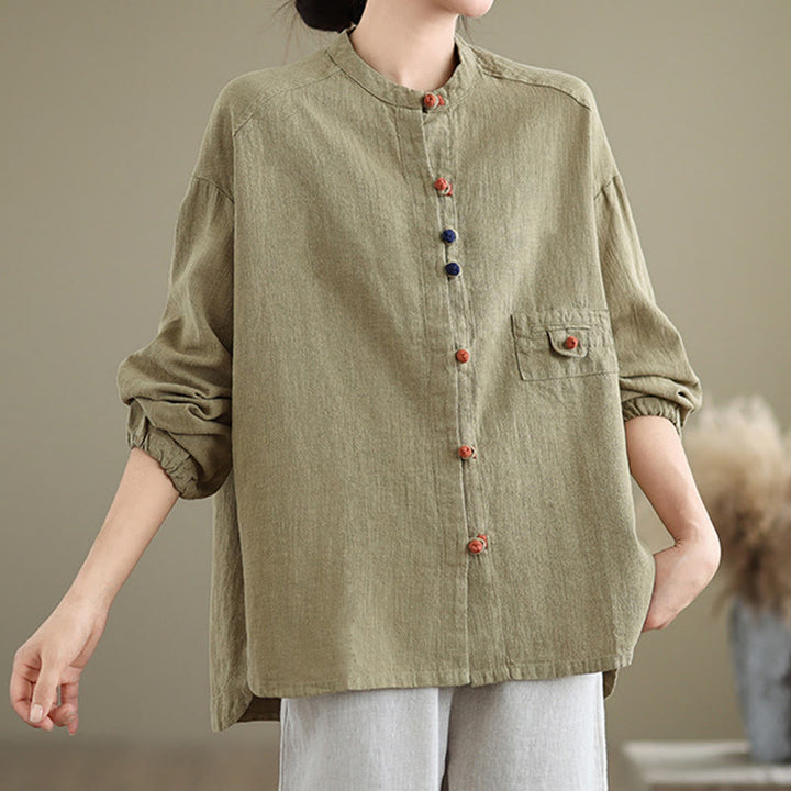 Buddha Stones Bunte Knöpfe Design Langärmliges Damen-Baumwoll-Leinen-Shirt - image 17