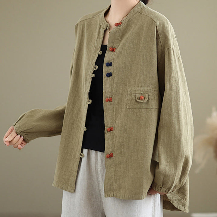 Buddha Stones Bunte Knöpfe Design Langärmliges Damen-Baumwoll-Leinen-Shirt - image 16
