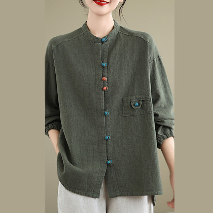 Buddha Stones Bunte Knöpfe Design Langärmliges Damen-Baumwoll-Leinen-Shirt - image 11