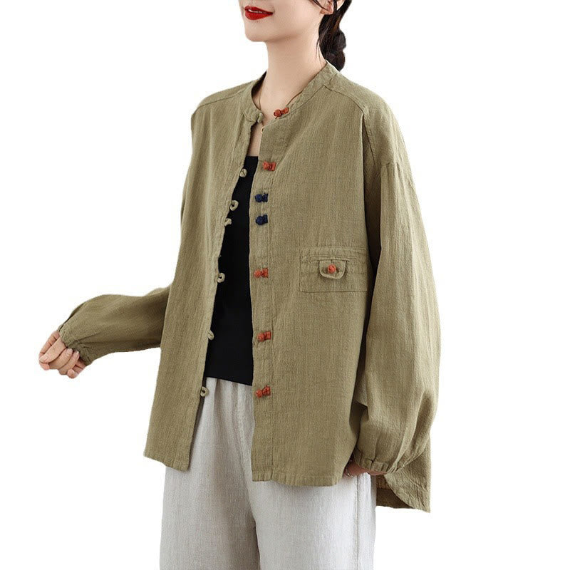 Buddha Stones Bunte Knöpfe Design Langärmliges Damen-Baumwoll-Leinen-Shirt - image 20