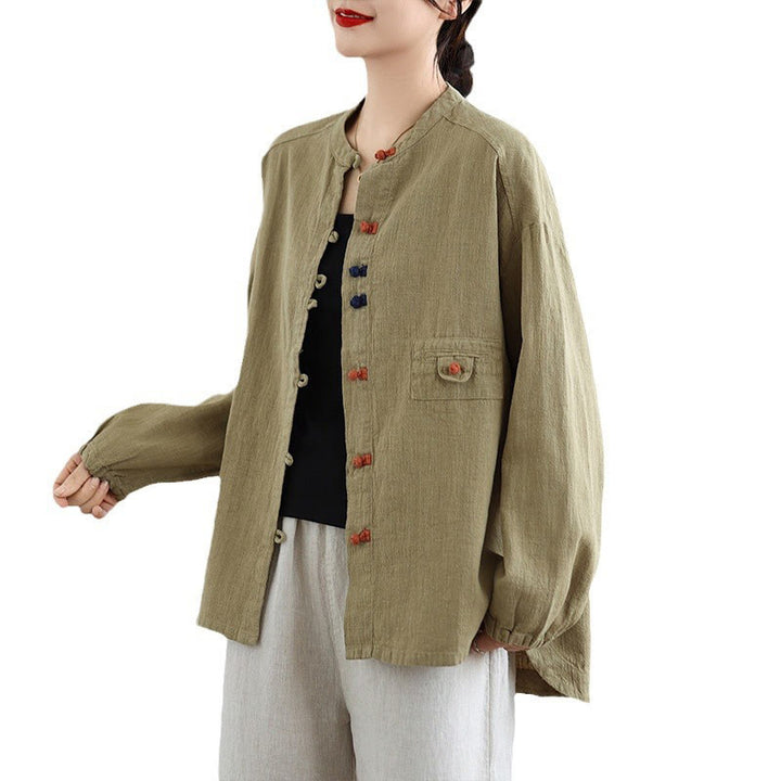 Buddha Stones Bunte Knöpfe Design Langärmliges Damen-Baumwoll-Leinen-Shirt - image 20