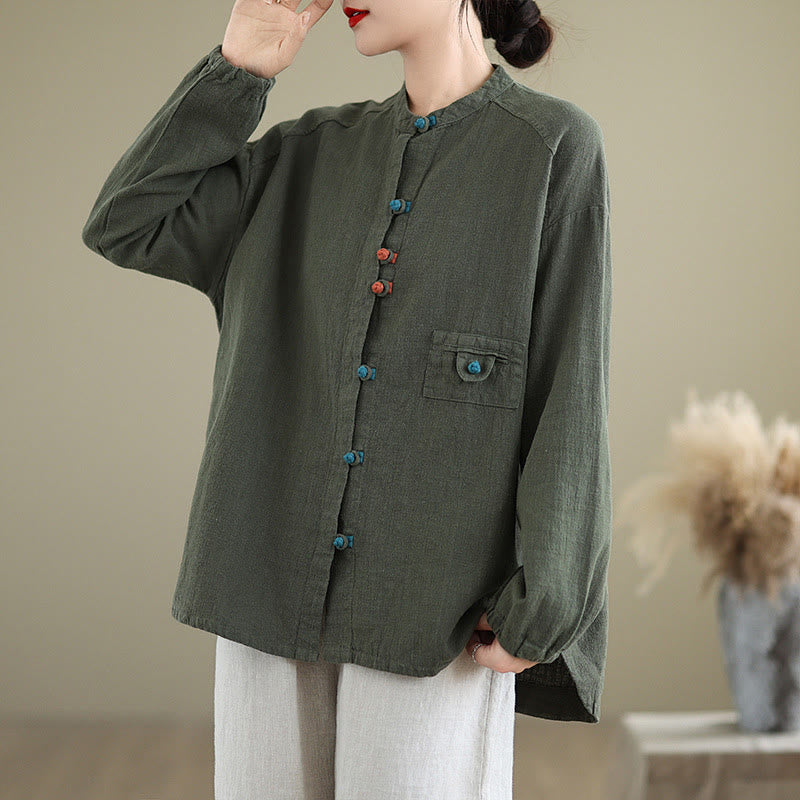 Buddha Stones Bunte Knöpfe Design Langärmliges Damen-Baumwoll-Leinen-Shirt - image 9