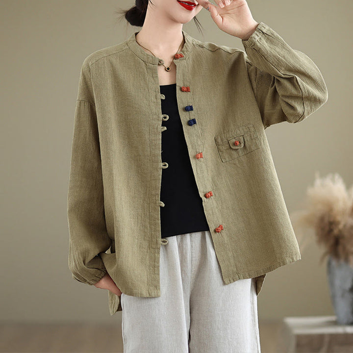 Buddha Stones Bunte Knöpfe Design Langärmliges Damen-Baumwoll-Leinen-Shirt - DunkelKhaki - US14， UK/AU18，EU46 (2XL) - image 15